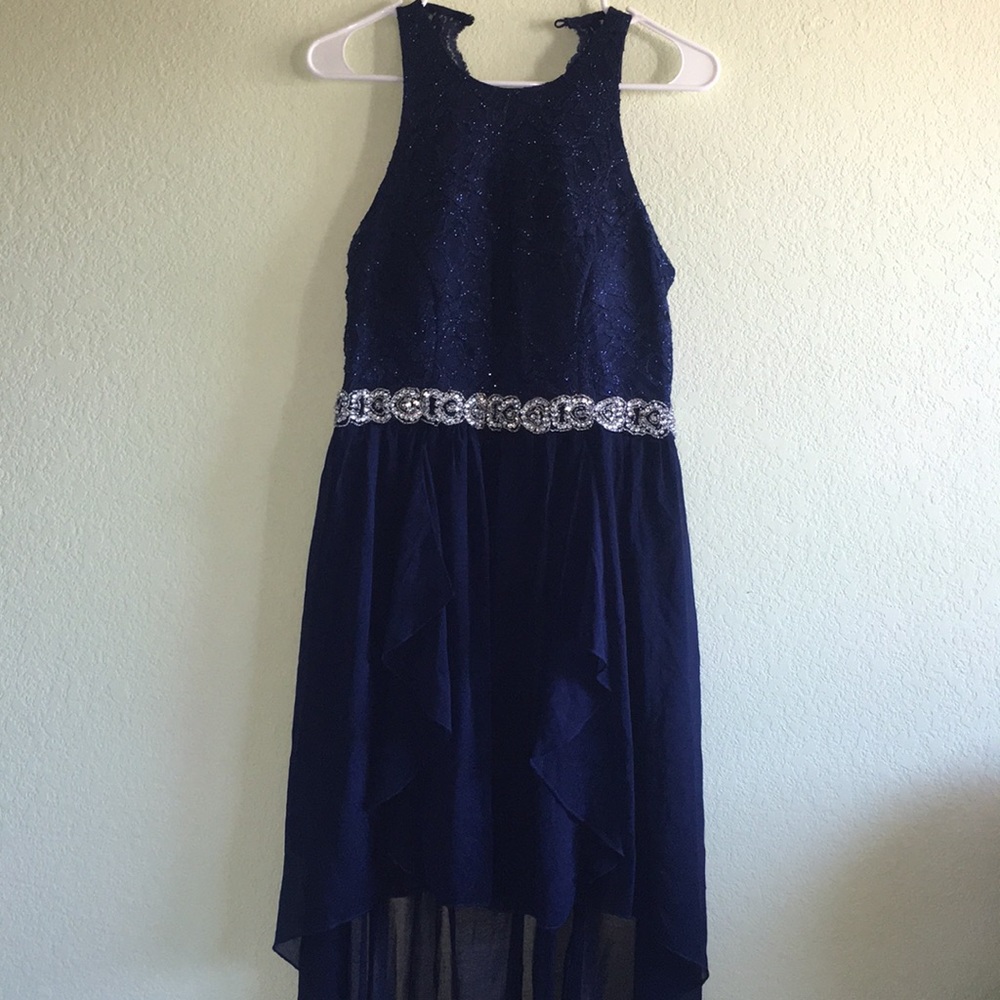 Navy Blue Laced High Low Dress